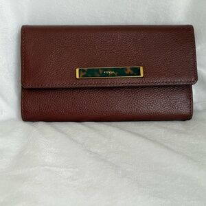 Fossil Blake Flap Wallet Henna Brown Tortoise Shell Long Trifold RFID Snap